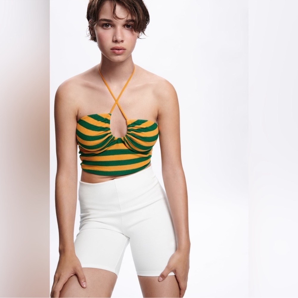 NWT Zara Terry Cloth Striped Halter Crop Top Green Yellow Size Small